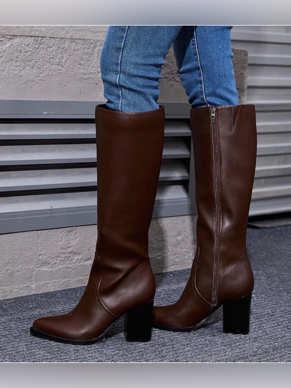 Tall Brown Block Heel Knee-High Boots